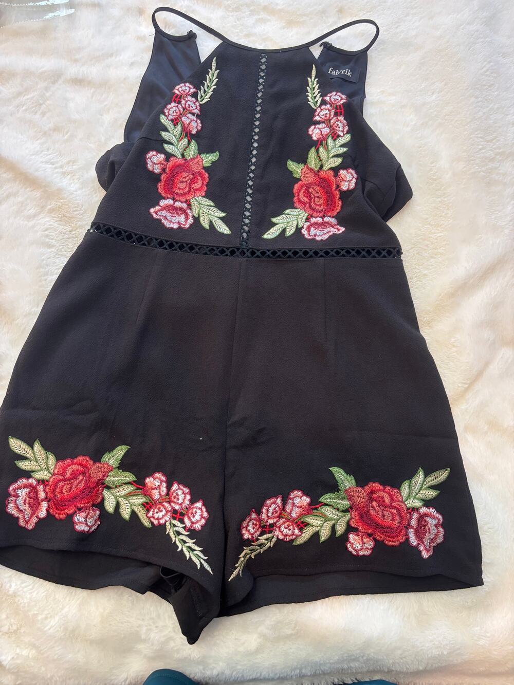 Fab'rik Black Sleeveless Romper with Floral Embroidery